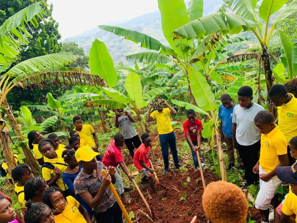 Élèves participant à un atelier pratique dans le jardin scolaire